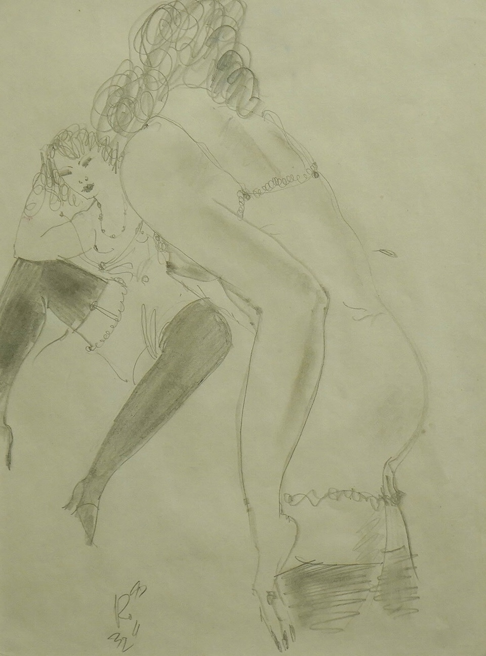 20th century school, pencil, study of two nude women, indistinctly signed and dated, 28 x 20cm. Condition - good